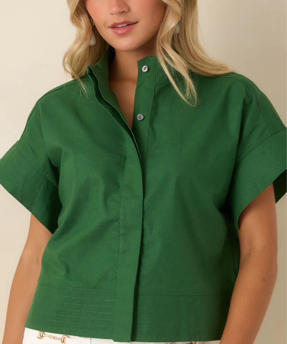 Button-Front Short-Sleeve Cropped Mock-Neck Top