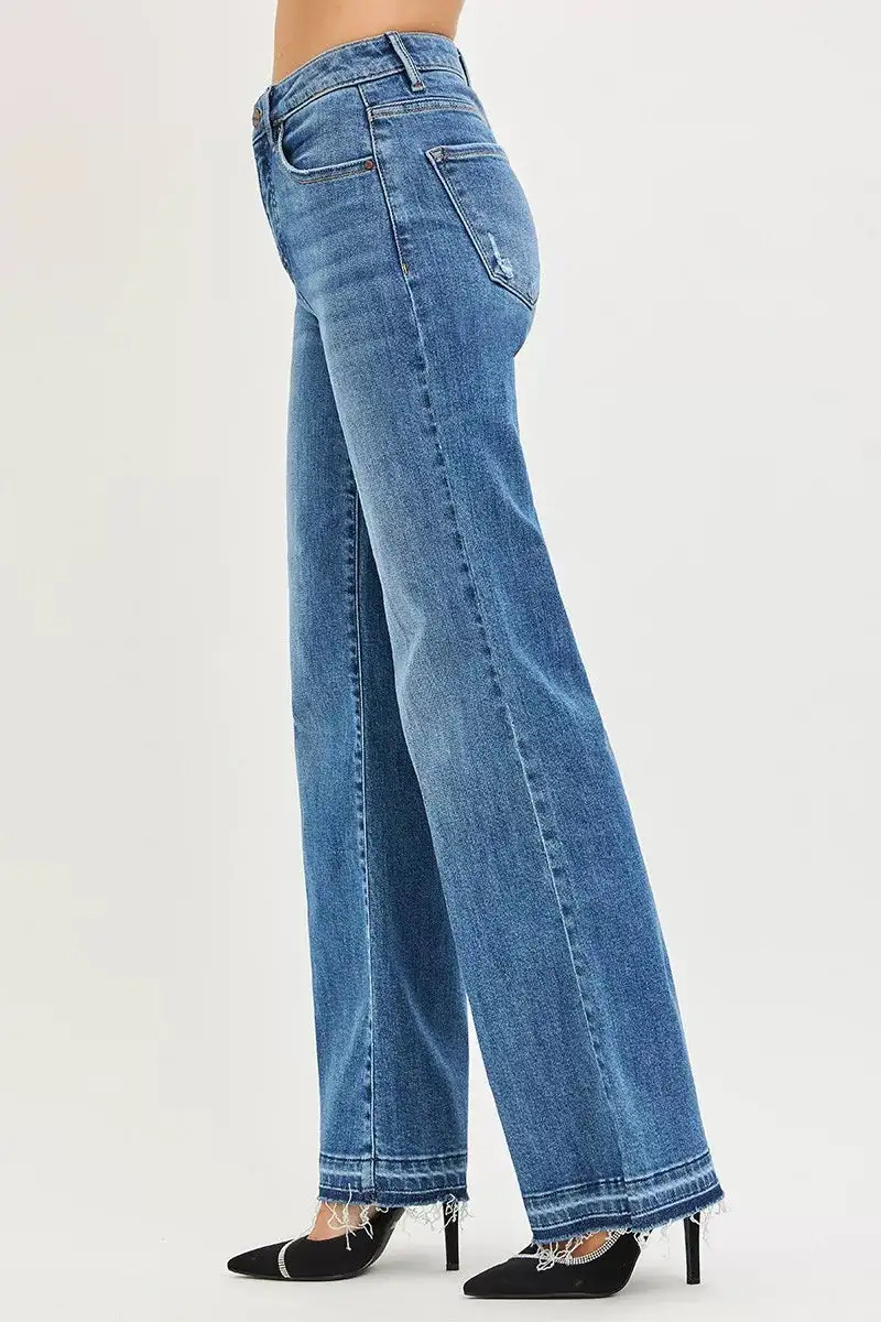 Denim High Rise Wide Leg Raw Hem Jeans