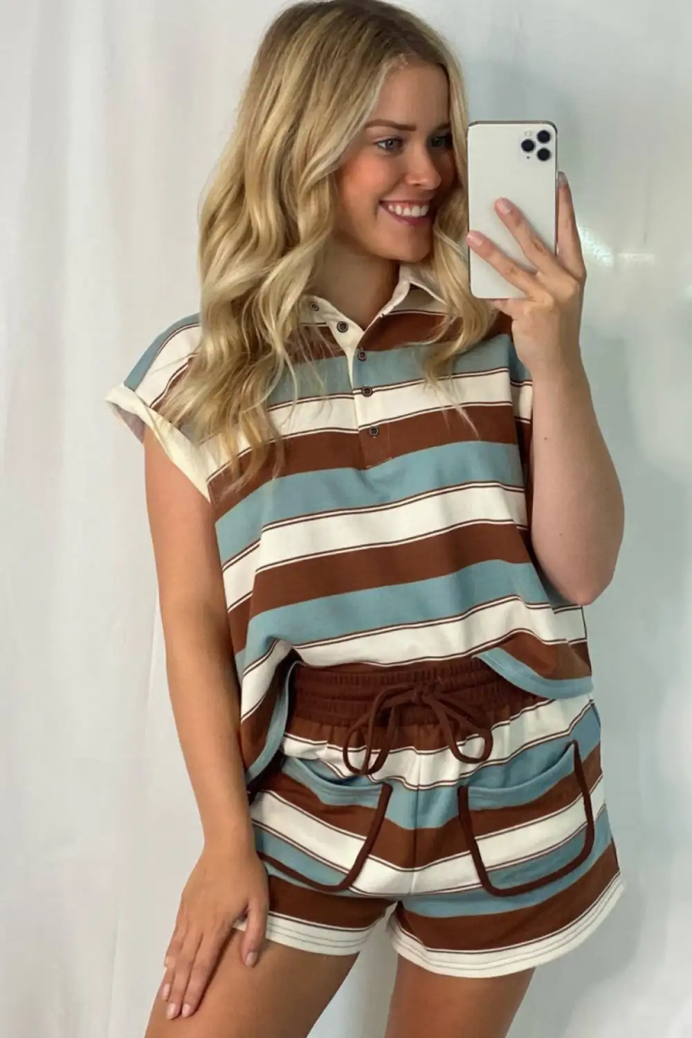 Stripe Button Relaxed Shorts Lounge Set Comfort