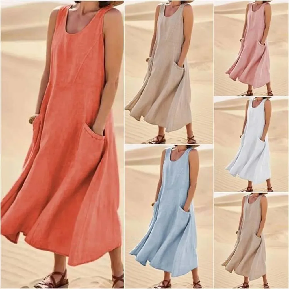 Sleeveless Linen Blend Cotton Blend Maxi Relaxed Fit Dress