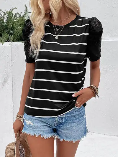 Short-Sleeve Lace-Detail Striped T-Shirt