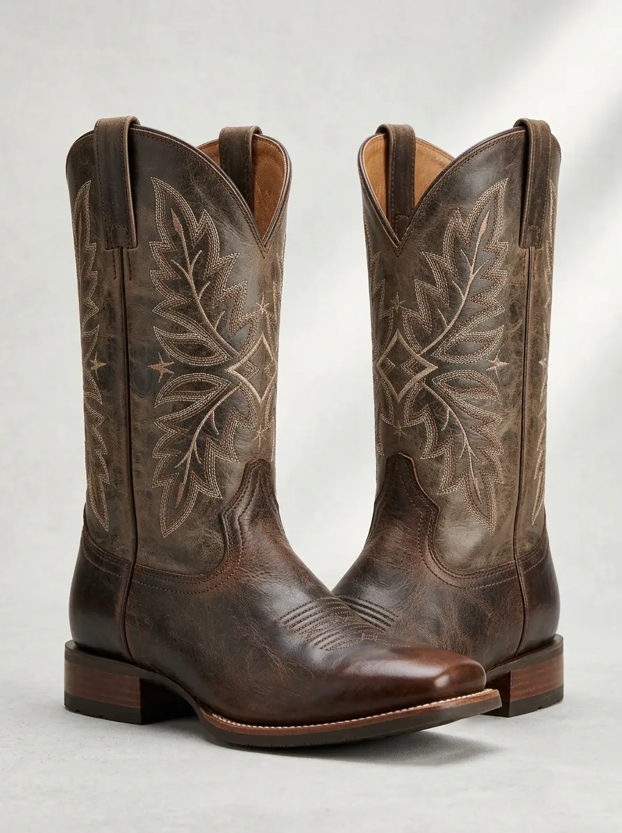 Men's Western Cowboy Leaf Embroidered Printed Western Boots