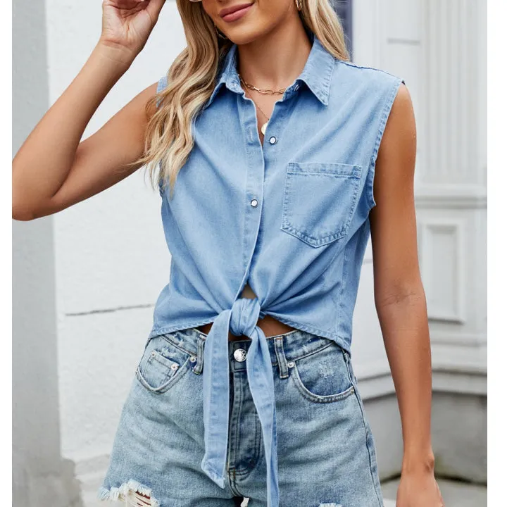 Collared Neck Sleeveless Denim Top
