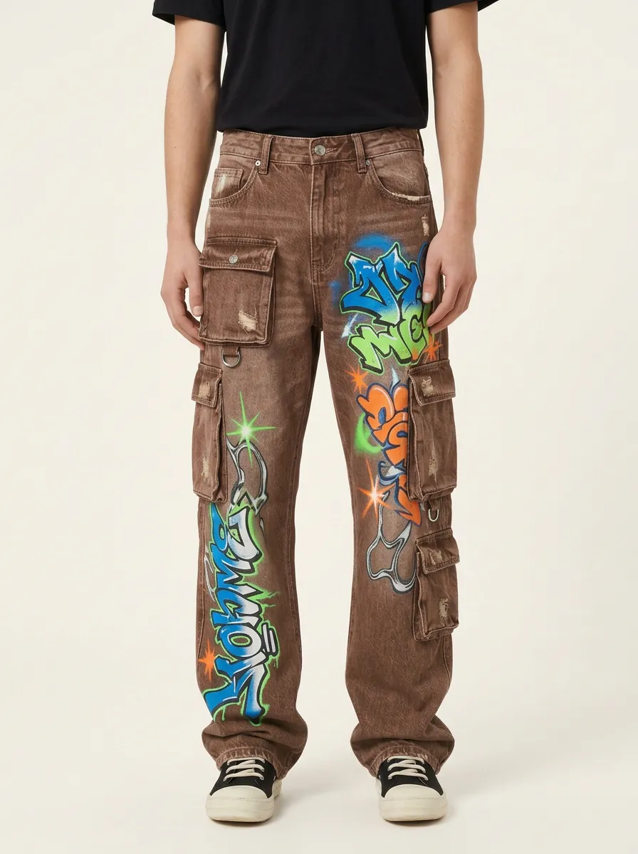 Men's Streetwear Graffiti Art Distressed Graphic Cargo Jeans