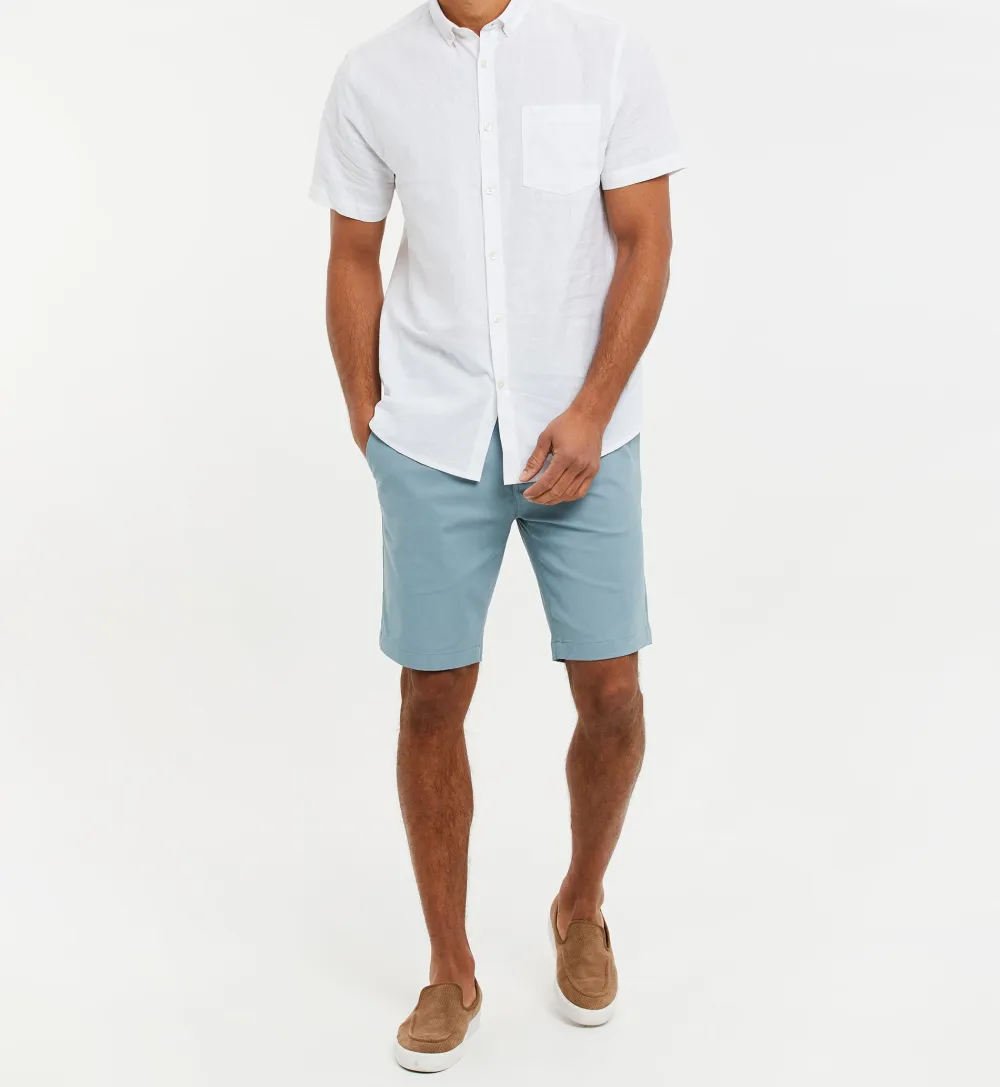Men's White Short Sleeve Linen Blend Shirt