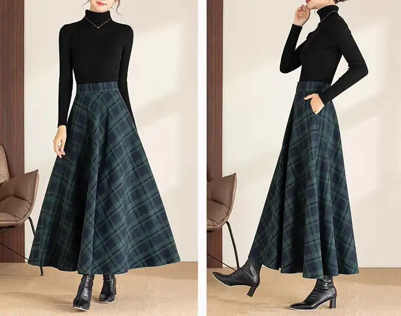 Plaid Wool A Line Maxi Skirt