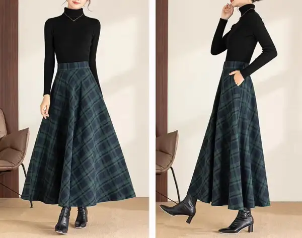 Plaid Wool A Line Maxi Skirt