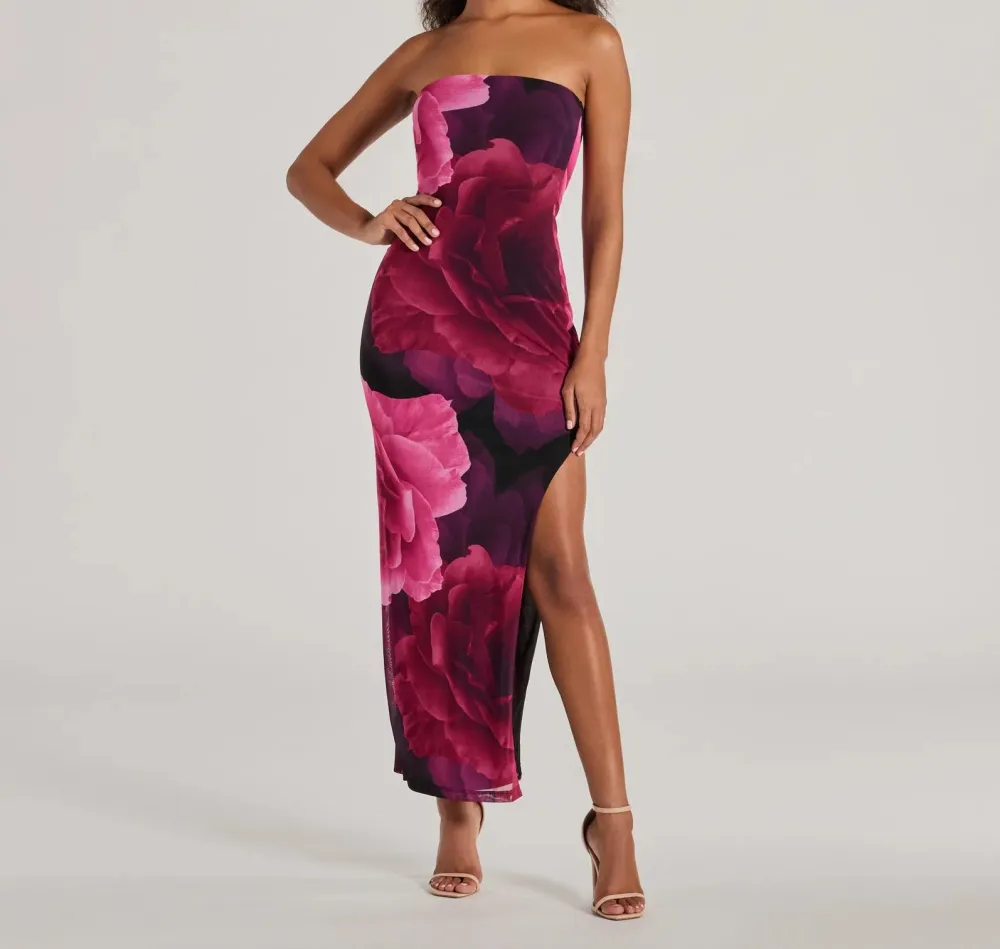 Floral Strapless Slit Maxi Dress