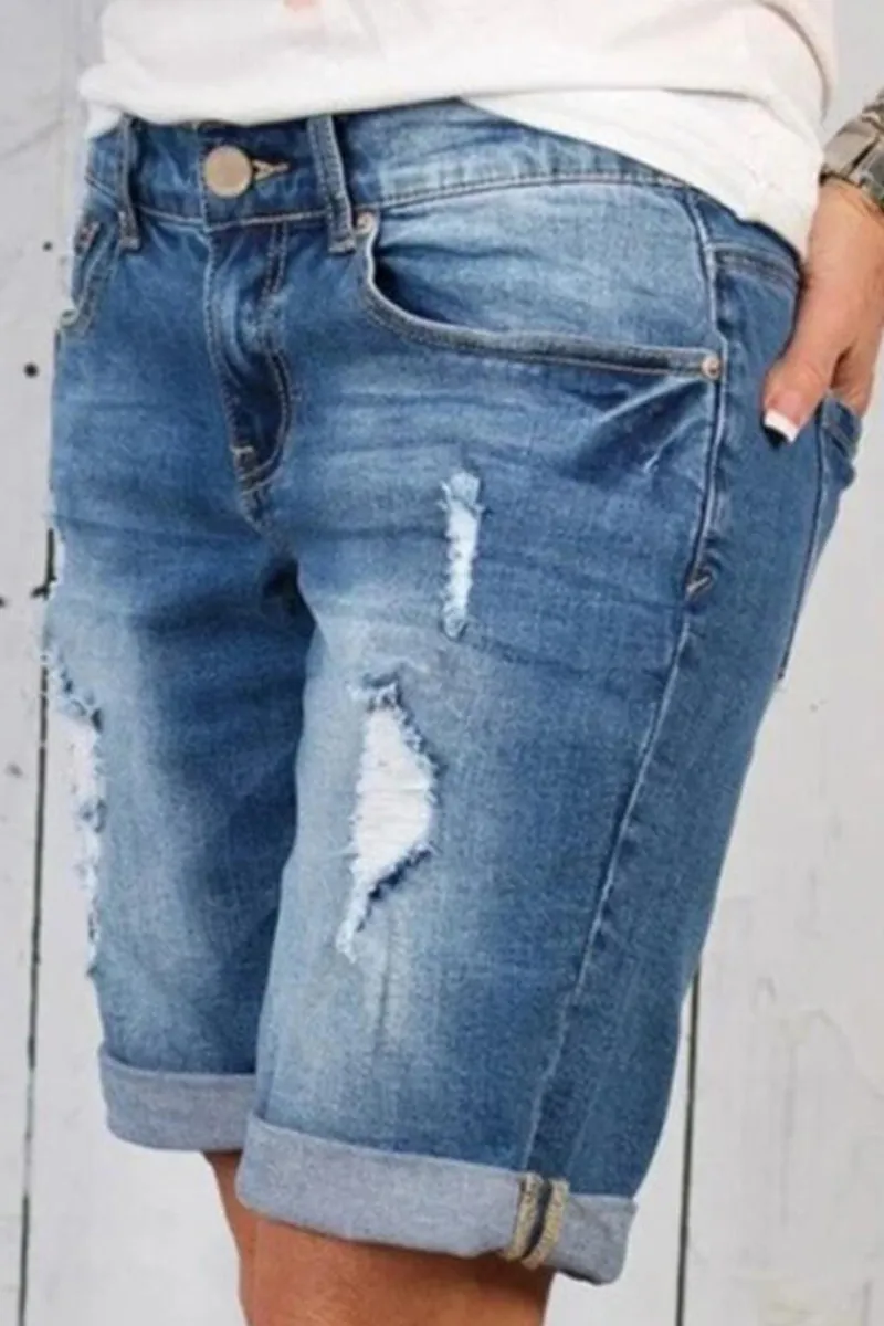 Ripped Lwo Waist Denim Bermuda Shorts