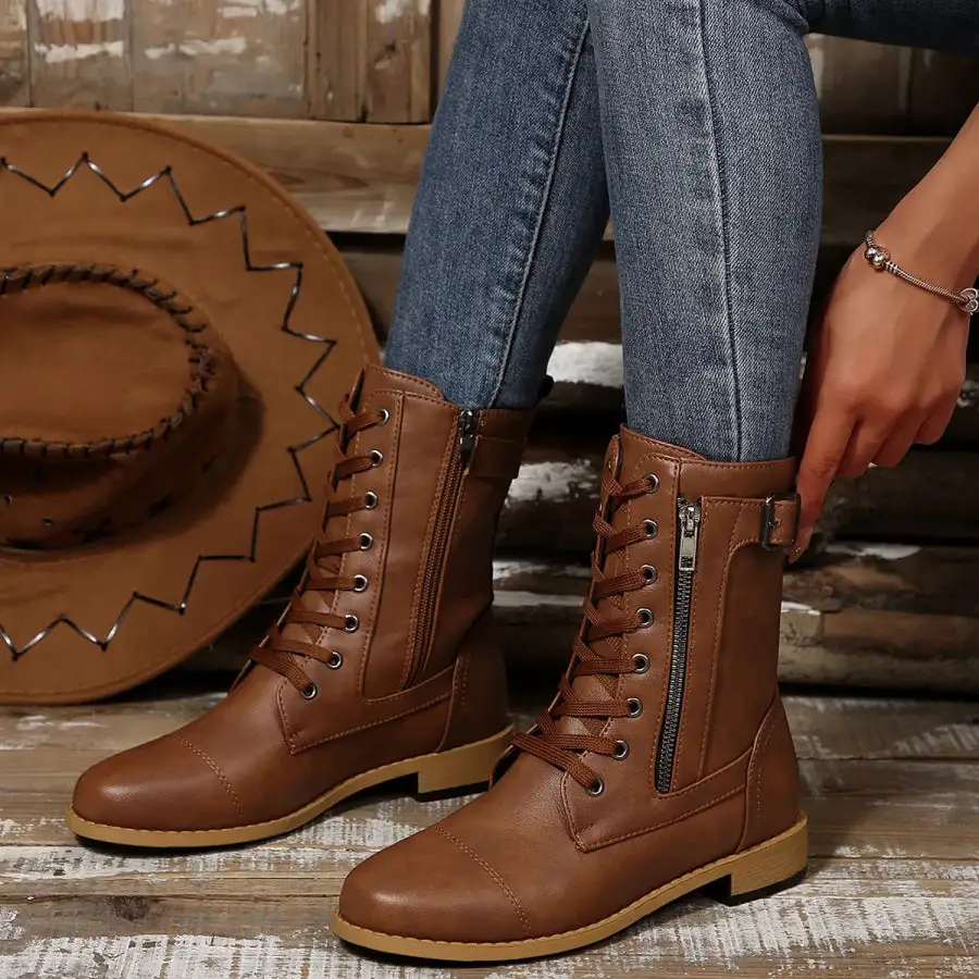 Round Toe Lace Up Block Heels Boots