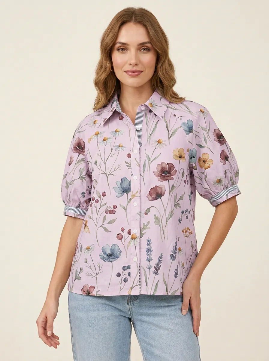 Women's Botanical Garden Wildflower Graphic Puff Sleeve Shirt