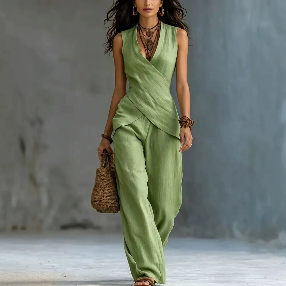 V-Neck Denim Knit Women's Lounge Set