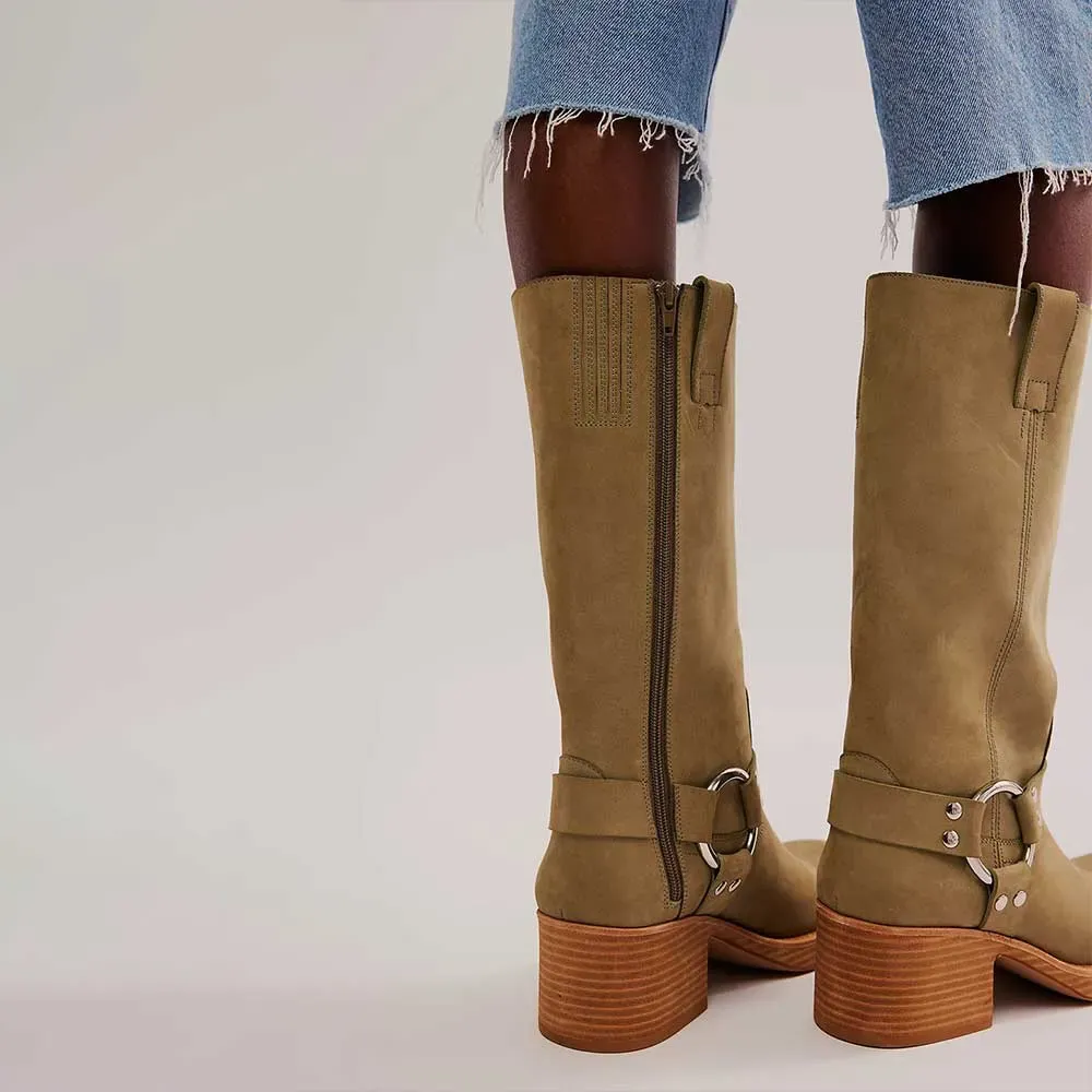 Faux-Leather Studded Buckle-Detail Side-Zip Mid-Calf Boots