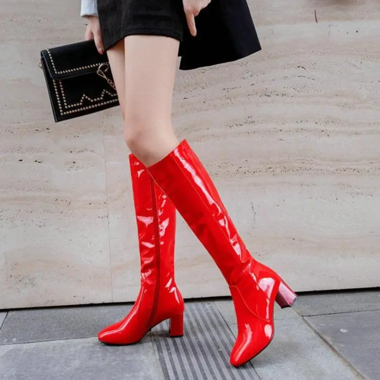 PU Patent Leather Chunky-Heel Knee-High Boots