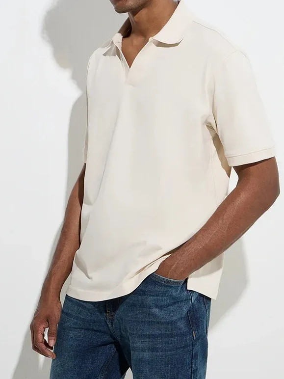 Beige Loose Cotton-Blend Polo T-Shirt