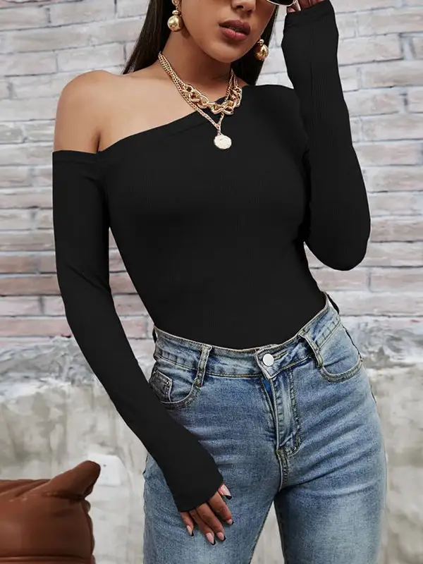 Long Sleeve Slim Fit One Shoulder T-Shirt