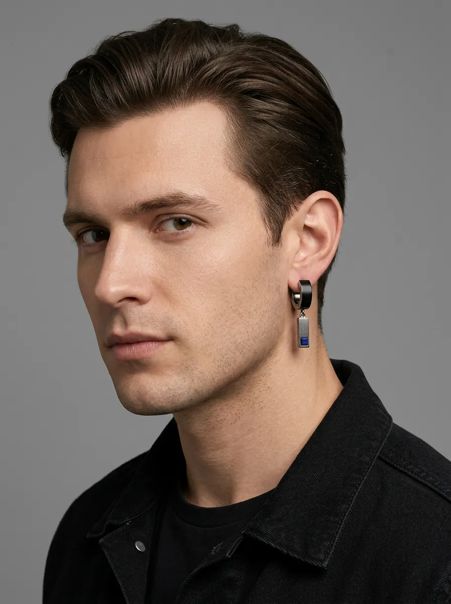Men's Minimalist Stone Rectangular Pendant Hoop Earrings