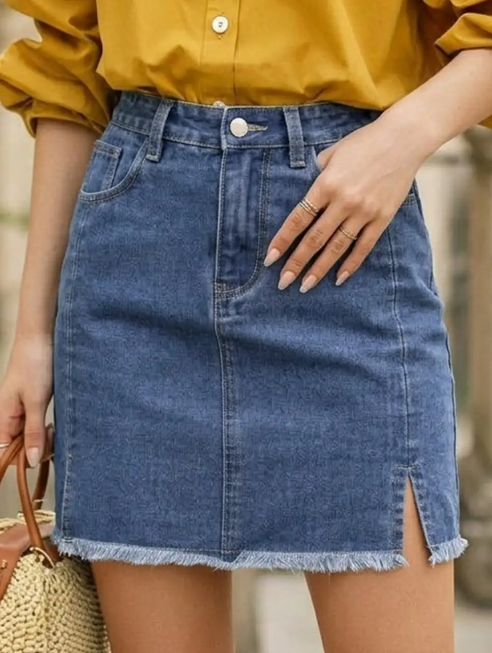 Denim Washed Slit Hem Mini Skirt