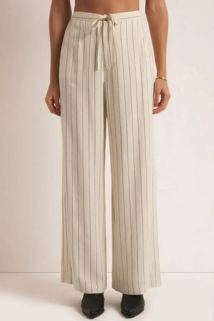 Women's Beige Pinstripe Wide Leg Pants