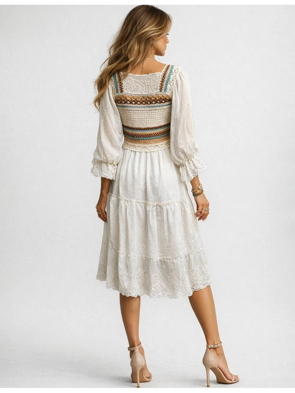 Crochet Embroidery Square Neck Tiered Midi Dress