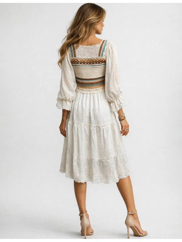 Crochet Embroidery Square Neck Tiered Midi Dress
