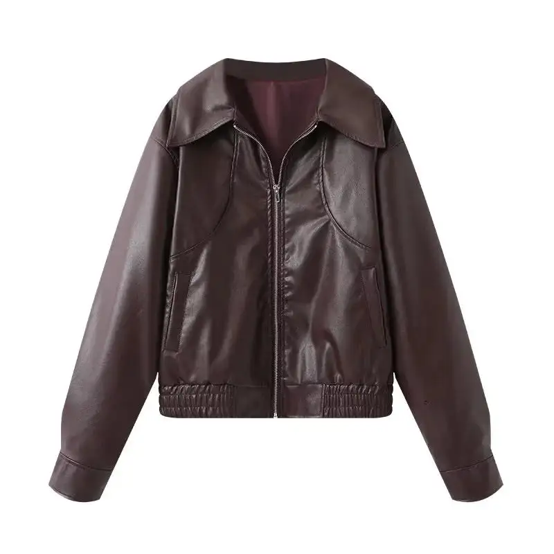 Oversized Faux Leather Shirt Collar Elastic Hem Bomber Jacket