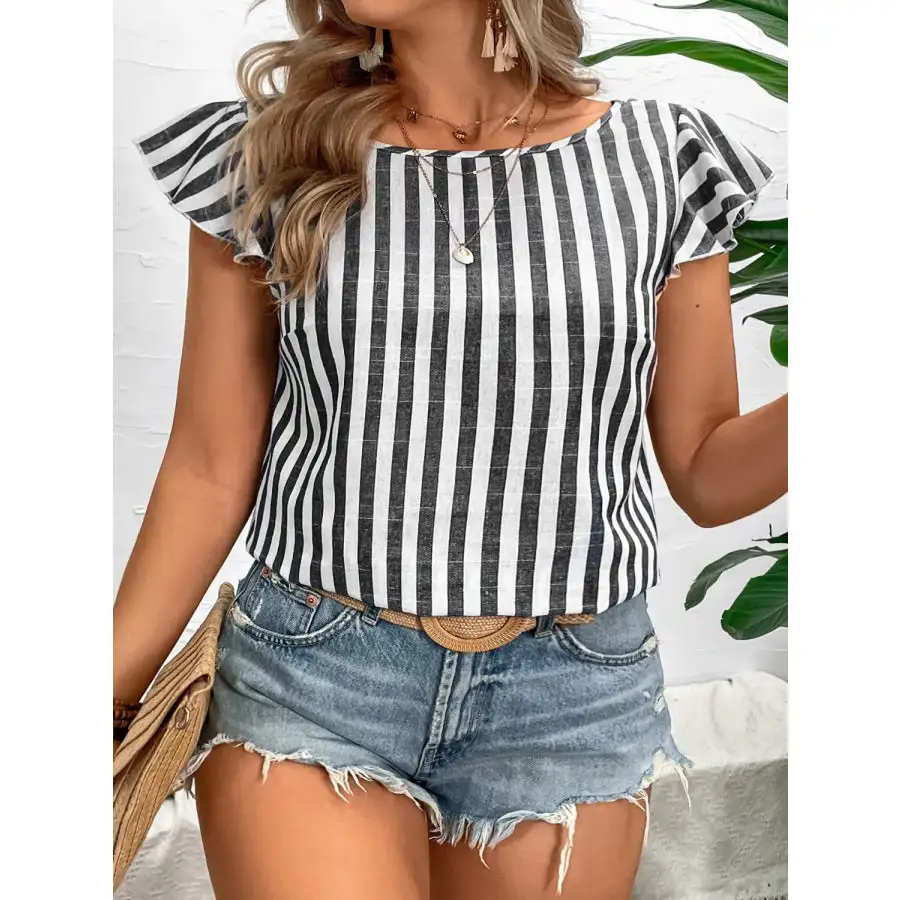 Ruffled Striped Round Neck Cap Sleeve Blouse