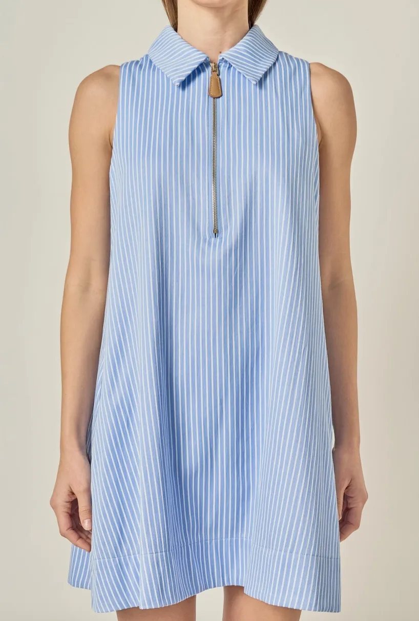 Blue Striped Collared Sleeveless Mini
