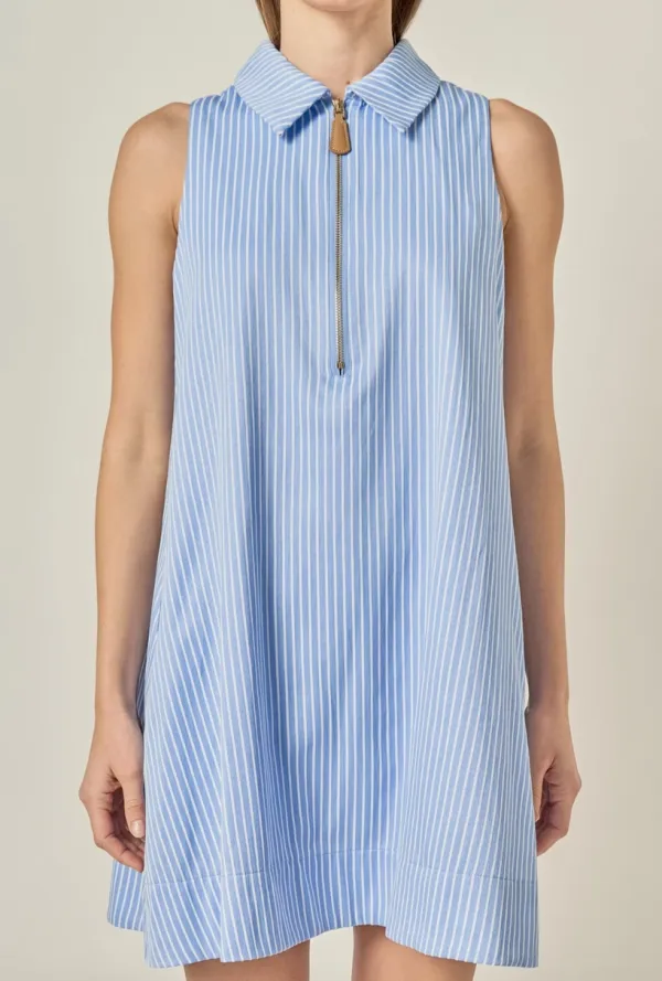 Blue Striped Collared Sleeveless Mini