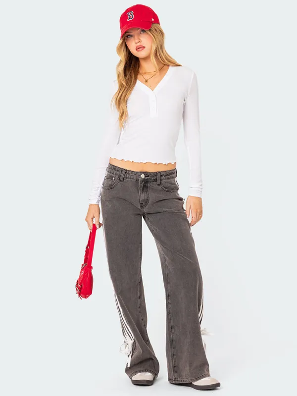 Casual Wide Leg Drawstring Denim Jeans