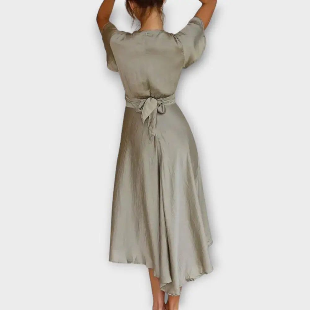 V-Neck Belted Flowing Midi Dress