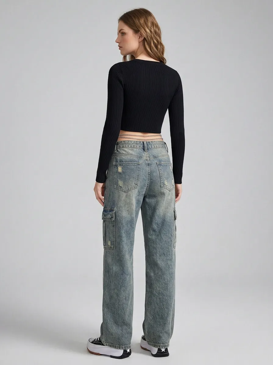 Women's Distressed High-Waisted Cargo Button-Fly Denim Jeans