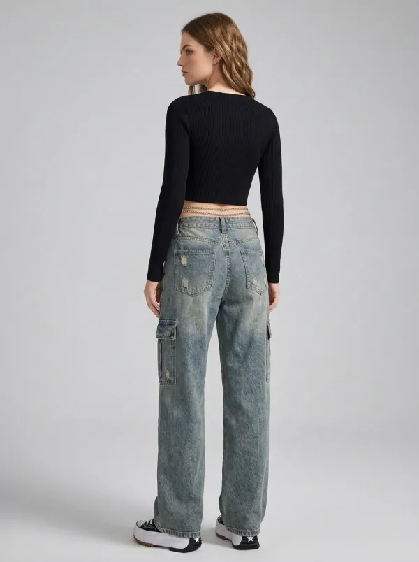Women's Distressed High-Waisted Cargo Button-Fly Denim Jeans