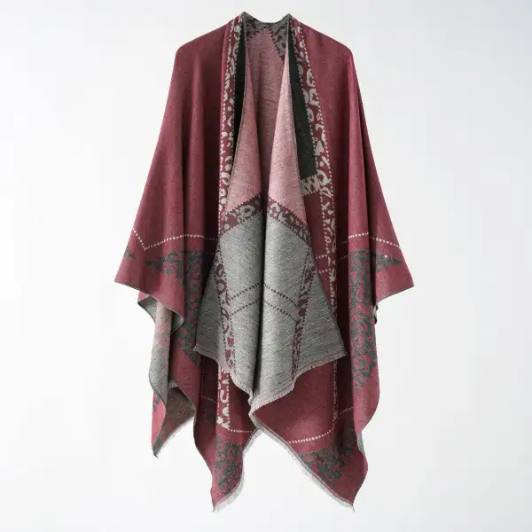 Reversible Fringed Wool Blend Poncho Wrap