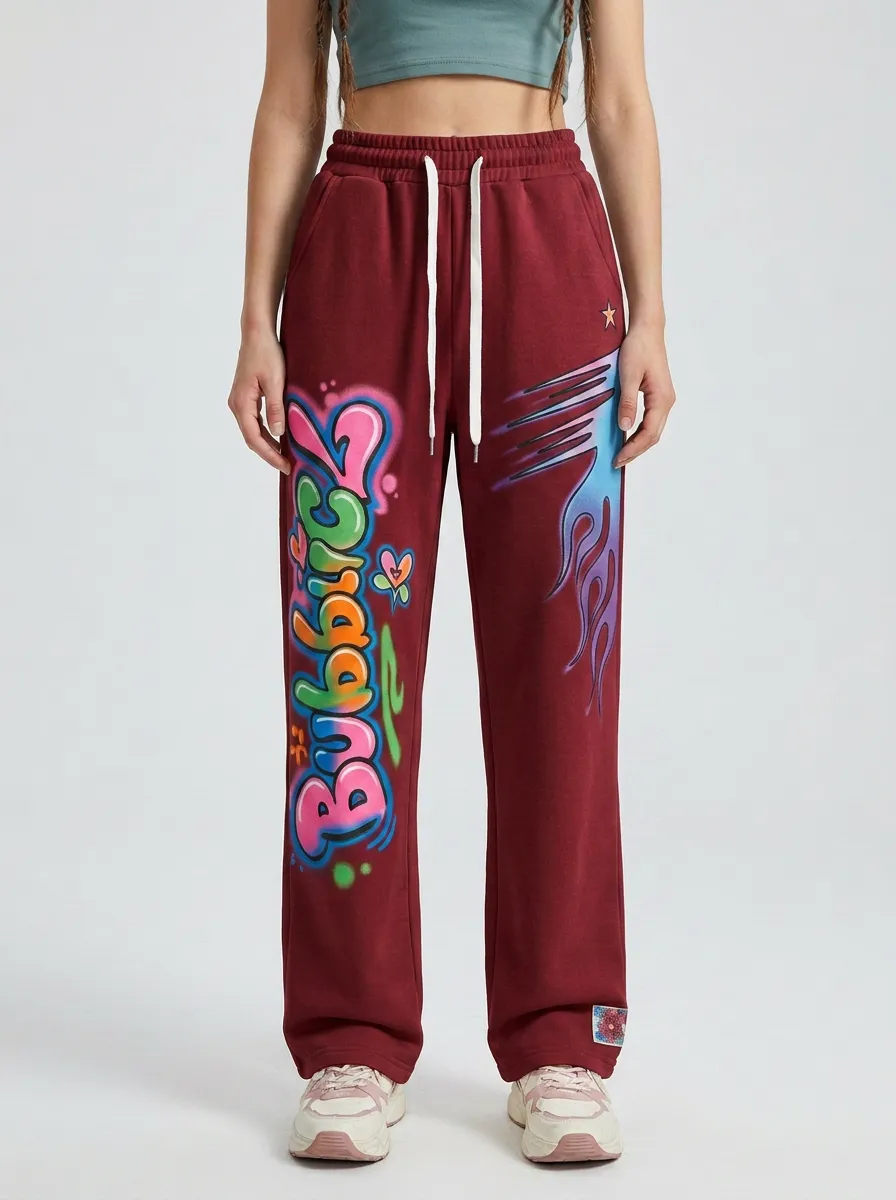 Women's Streetwear Graffiti Bubble Letter Flame Printed Sweatpants