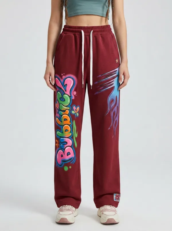 Women's Streetwear Graffiti Bubble Letter Flame Printed Sweatpants