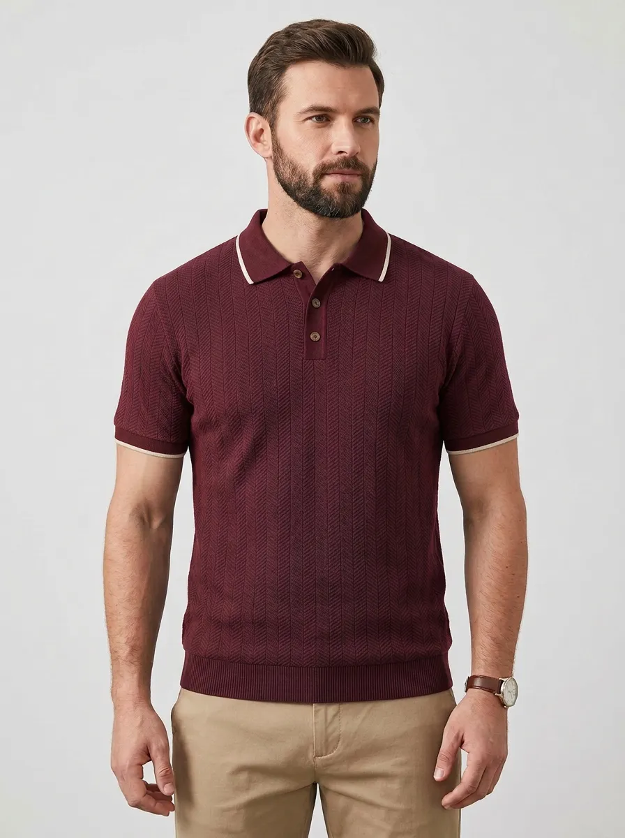 Men's Navy Blue Herringbone Textured Knit Polo Shirt