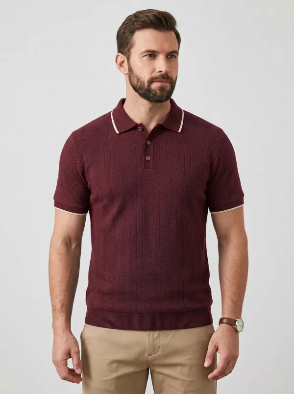 Men's Navy Blue Herringbone Textured Knit Polo Shirt