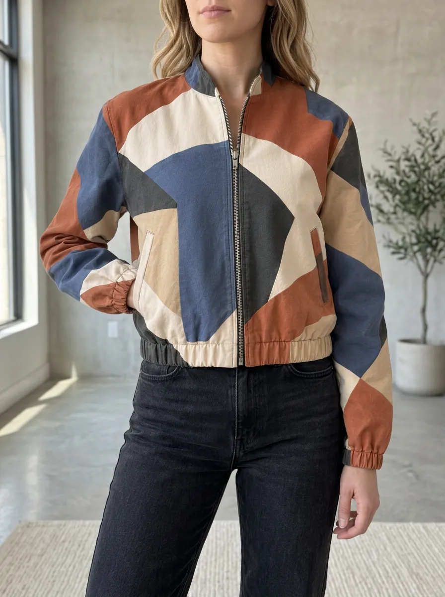 Women's Geometric Color Block Pattern Printed Bomber Jacket