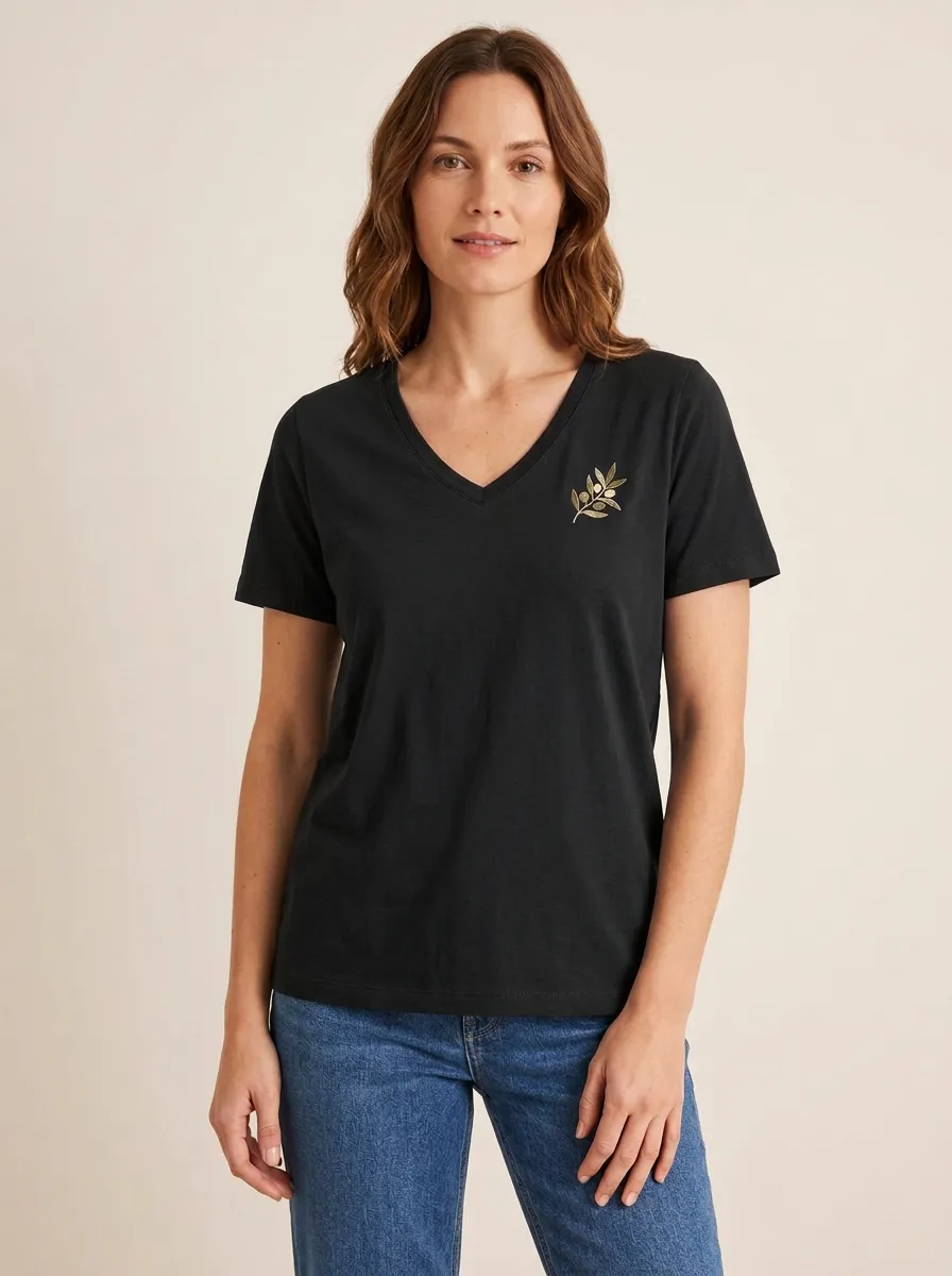 Women's Olive-Branch-Embroidered V-Neck T-Shirt