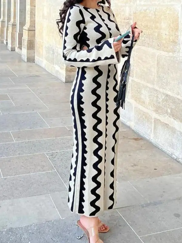 Waisted Printed Long Neck Maxi Dress