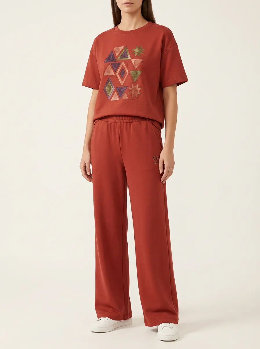 Women's Geometric Star Embroidered Crewneck T-Shirt and Wide-Leg Pants Set