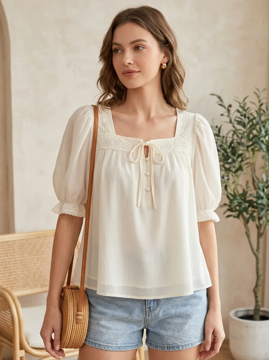 Embroidered Eyelet Button-Front Women's Puff-Sleeve Blouse