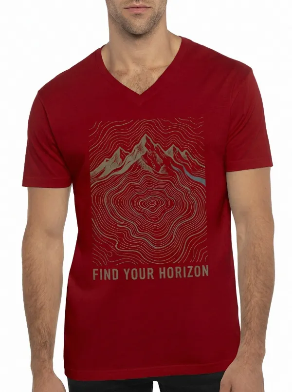 Men's Outdoor Adventure Mountain Topographic Printed V-Neck T-Shirt