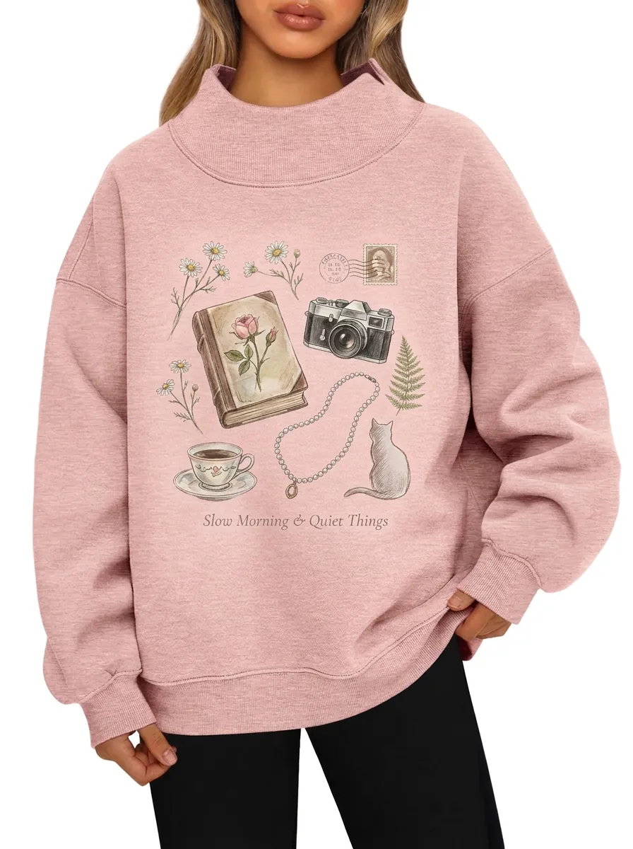 Women's Book Camera Cat Floral Graphic Sweatshirt