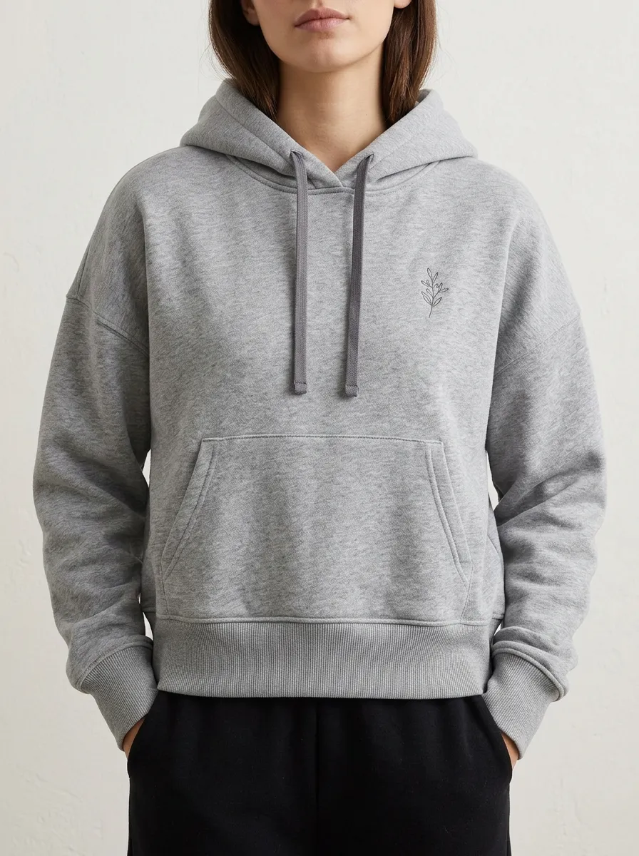 Women's Minimalist Botanical Leaf Printed Grey Hoodie