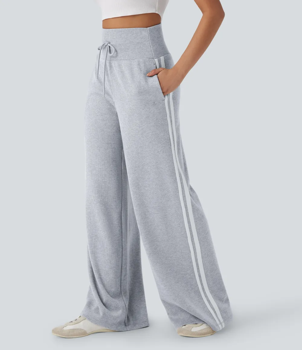 2026🔥  Ribbed SoCinched High Waisted Tummy Control Drawstring Wide Leg Color Block Casual Trousers with Pockets