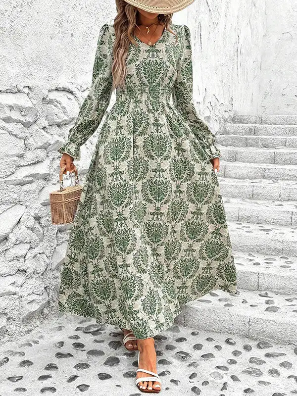 Puff Printed Neck Maxi Dress