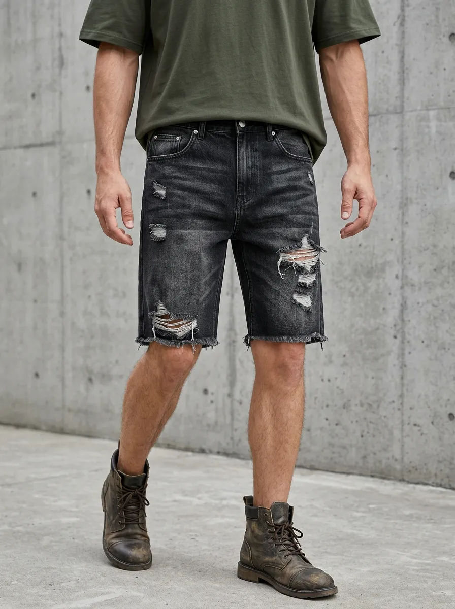 Men's Five Pocket Raw Hem Denim Shorts