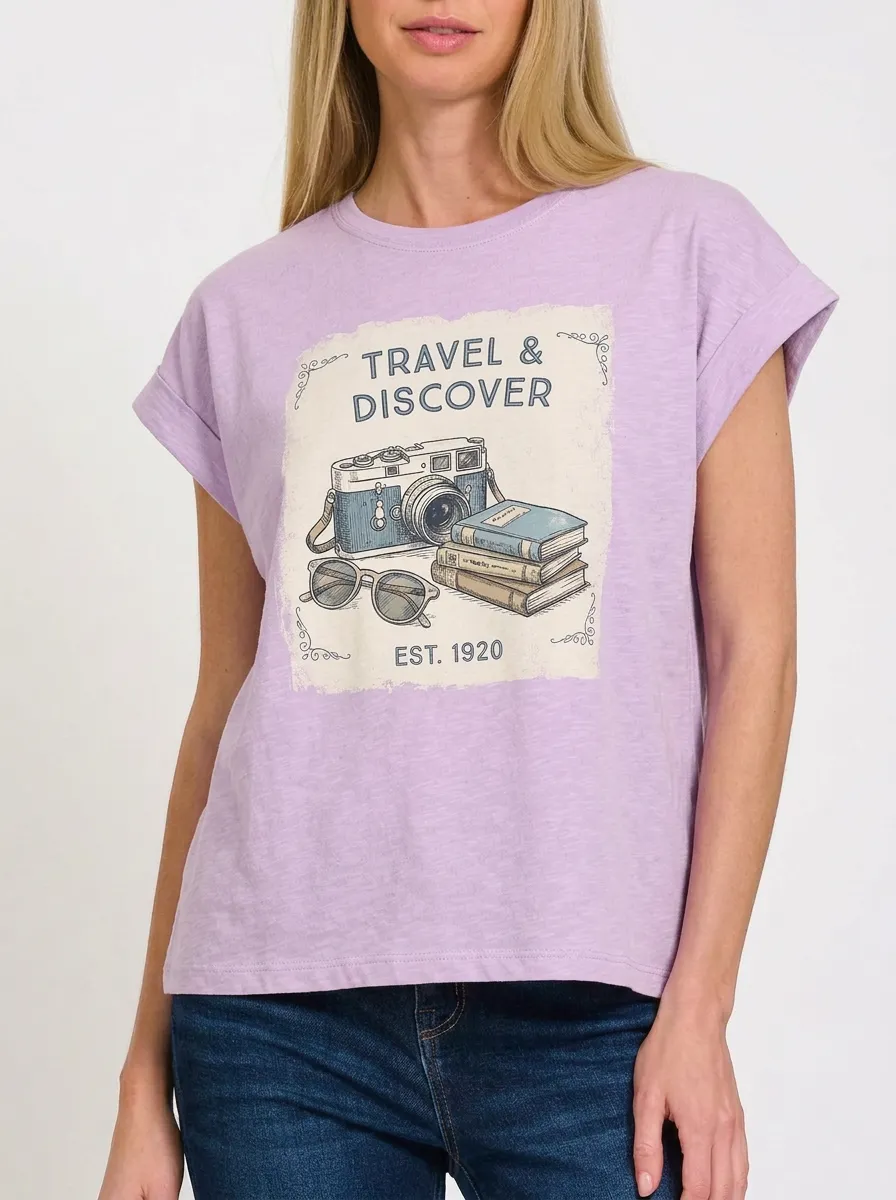 Women's Travel Camera Books Sunglasses Graphic T-Shirt